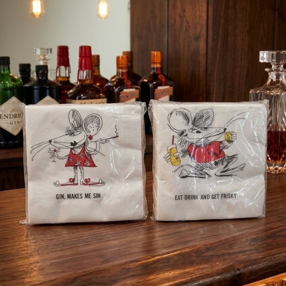 Vintage 1972 Contempo Mouse Cocktail Napkins Gin Makes Me Sin 2 Packs 40ct